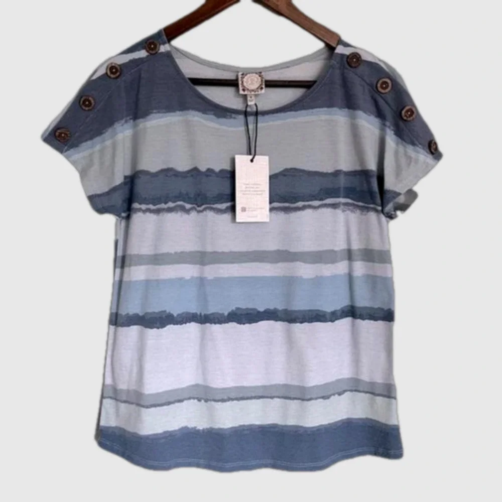 Tru Self Abstract Stripe Dolman T-Shirt with Button Shoulder Women’s Size S